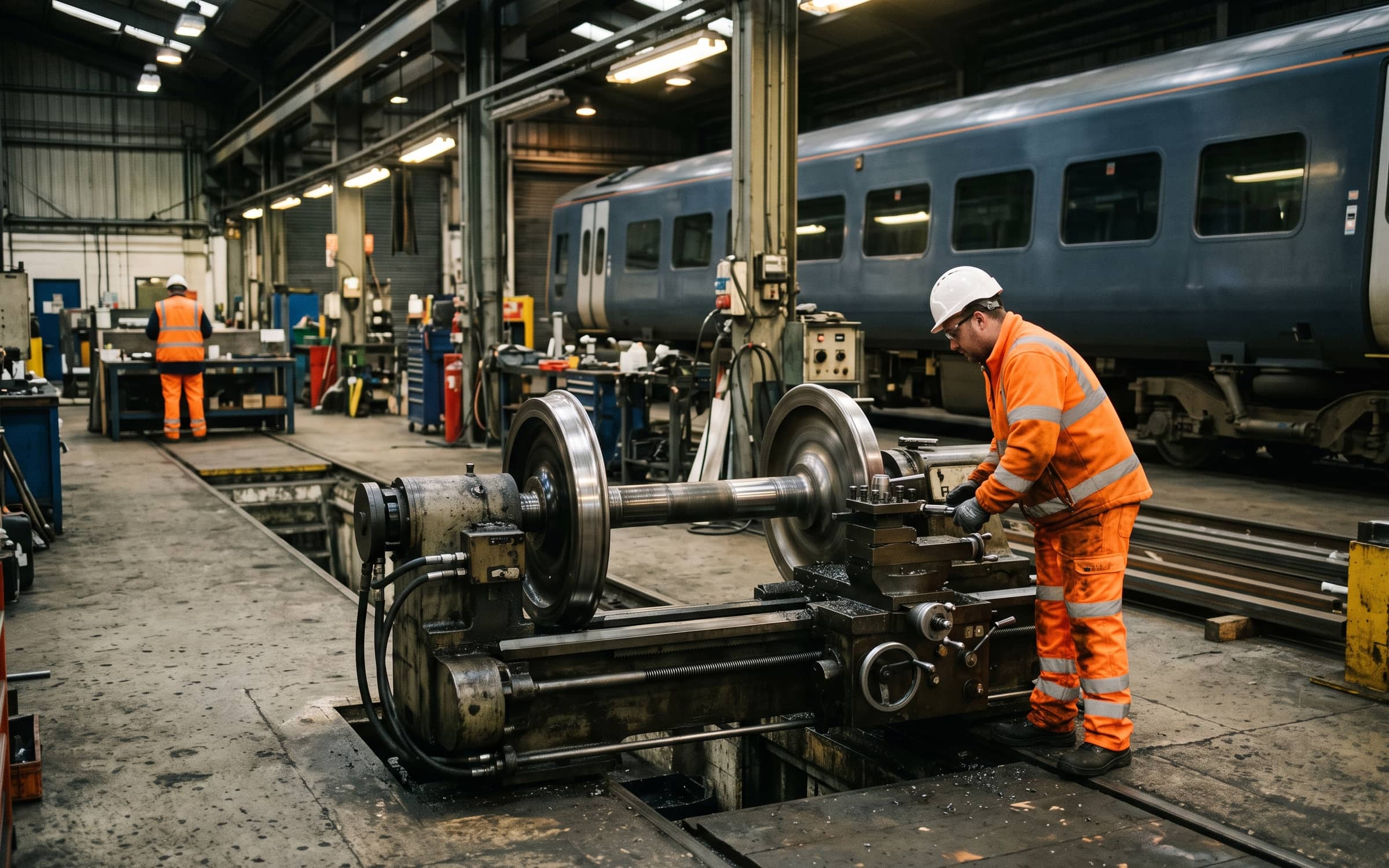 A technician working at a wheel lathe in a train maintenance depot