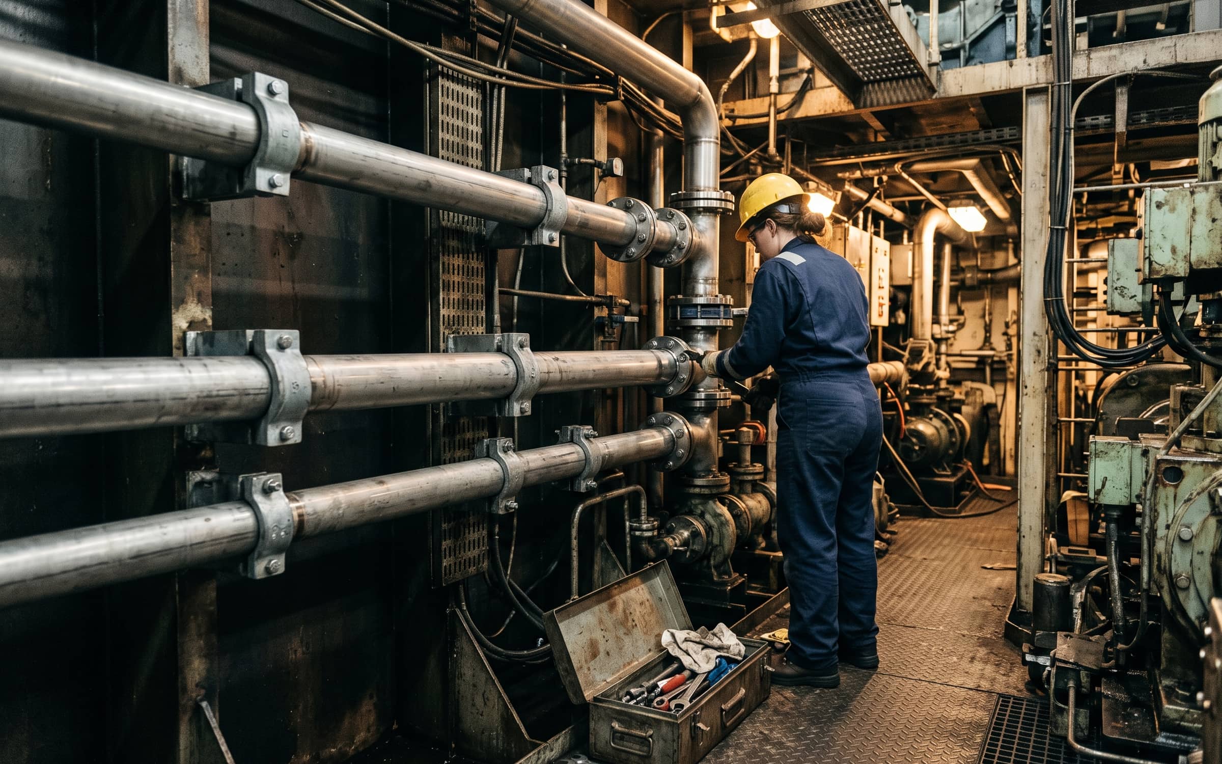 A pipefitter working on stainless steel pipework in a ship’s engine room