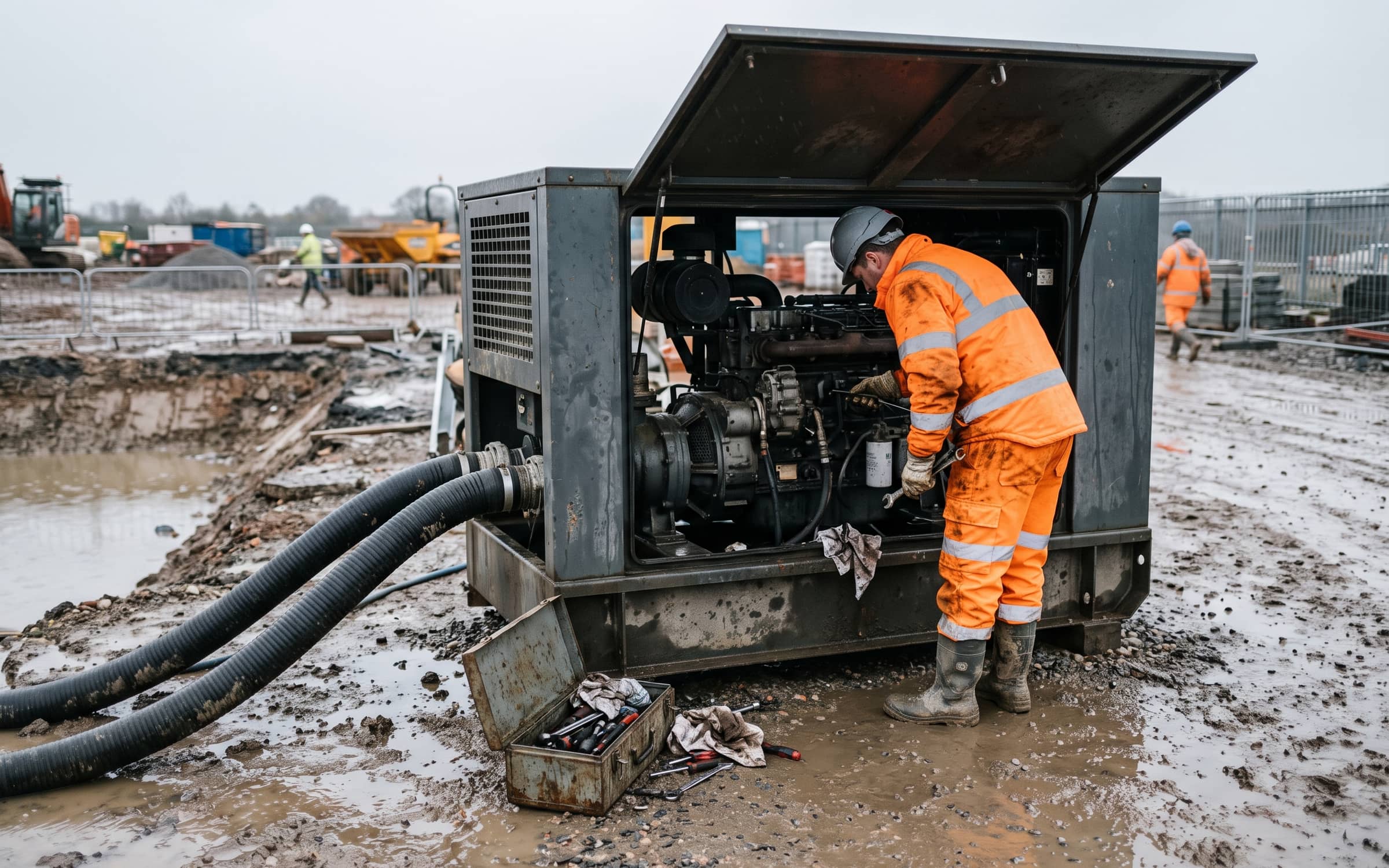 A fitter servicing a diesel pump set on a muddy construction site